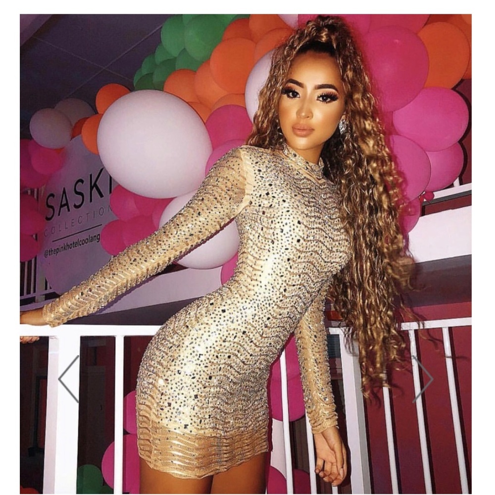 Nude Net Silver Rhinestone Long Sleeve Dress